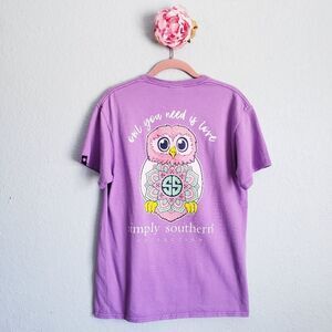 Simply Southern Owl Your Need Is Love Purple Short Sleeve Top